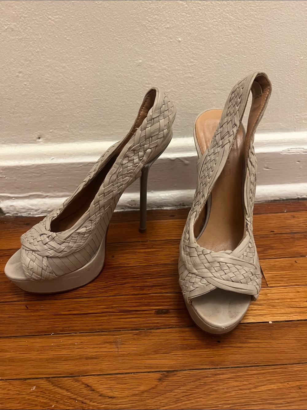 LAMB Women's Woven Slingback Peep-Toe Pumps in Light Gray